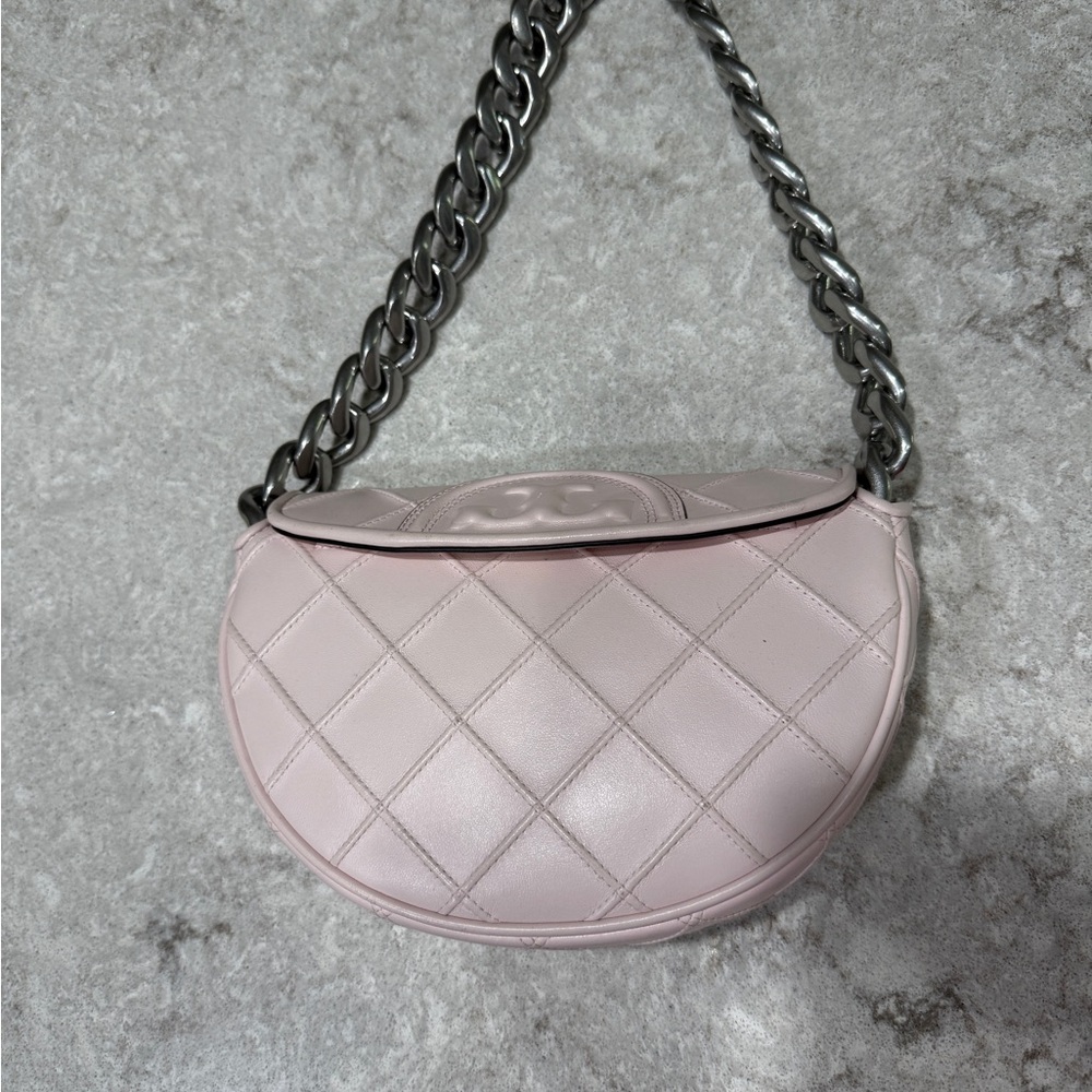 Tory Burch Fleming Pink Crescent Shoulder Bag with Silver Chain